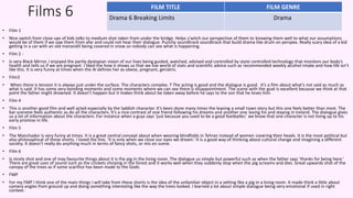 Films 6
• Film 1
• Nice switch from close ups of kids talks to medium shot taken from under the bridge. Helps s’witch our perspective of them to knowing them well to what our assumptions
would be of them if we saw them from afar and could not hear their dialogue. Punchy soundtrack soundtrack that build drama like drum on perspex. Really scary idea of a kid
getting in a car with an old manandit being covered in snow so nobody can see what is happening.
• Film 2 -
• Is very Black Mirror. I enjoyed the partly dystopian vision of our lives being guided, watched, advised and controlled by state controlled technology that monitors our body’s
health and tells us if we are pregnant. I liked the how it shows us that we live world of stats and scientific advice such as recommended weekly alcohol intake and how life isn’t
like this. It is very funny at times when the AI defines her as obese, pregnant, geriatric.
• Film3
• When there is tension it is always just under the surface. The characters complex. T The acting is good and the dialogue is good. It’s a film about what’s not said as much as
what is said. It has some very bonding moments and some moments where we can see there is disappointment. The scene with the goat is excellent because we think at that
point the father might drowned. It doesn’t happen but it makes think about be taken away before he says to the son that he loves him.
• Film 4
• This is another good film and well acted especially by the laddish character. It’s been done many times the leaving a small town story but this one feels better than most. The
bar scenene feels authentic as do all the characters. It’s a nice contrast of one friend following his dreams and another one losing his and staying in Ireland. The dialogue gives
us a lot of information about the characters. For instance when a guys says ‘just because you used to be a good footballer,’ we know that one character is not living up to his
early promise in life.
• Film 5
• The Manchador is very funny at times. It is a great central concept about when wearing blindfolds in Tehran instead of women covering their heads. It is the most political but
also philosophical of these shorts. I loved the line, ‘It is only when we close our eyes we dream.’ It is a good way of thinking about cultural change and imagining a different
society. It doesn’t really do anything much in terms of fancy shots, or mis en scene.
• Film 6
• Is nicely shot and one of may favourite things about it is the pig in the living room. The dialogue us simple but powerful such as when the father says ‘thanks for being here.’
There are great uses of sound such as the crickets chirping in the forest and it works well when they suddenly stop when the pig screams and dies. Great upwards shot of the
canopy of the trees as if some scarifice has been made to the Gods.
• FMP
• For my FMP I think one of the main things I will take from these shorts is the idea of the unfamilair object in a setting like a pig in a living room. It made think a little about
camera angles from ground up and doing something interesting like the way the trees looked. I learned a lot about simple dialogue being very emotional if used in right
context.
FILM TITLE FILM GENRE
Drama 6 Breaking Limits Drama
 