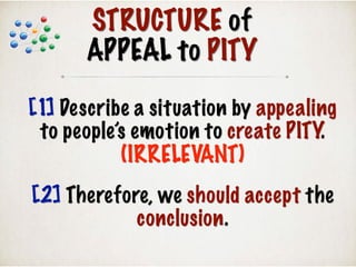 STRUCTURE of
APPEAL to PITY
[1] Describe a situation by appealing
to people’s emotion to create PITY.
(IRRELEVANT)
[2] Therefore, we should accept the
conclusion.
 