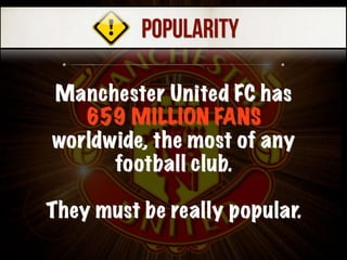 Manchester United FC has
659 MILLION FANS
worldwide, the most of any
football club.
They must be really popular.
POPULARITY
 