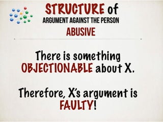 There is something
OBJECTIONABLE about X.
Therefore, X’s argument is
FAULTY!
STRUCTURE of
Argument Against the Person
ABUSIVE
 