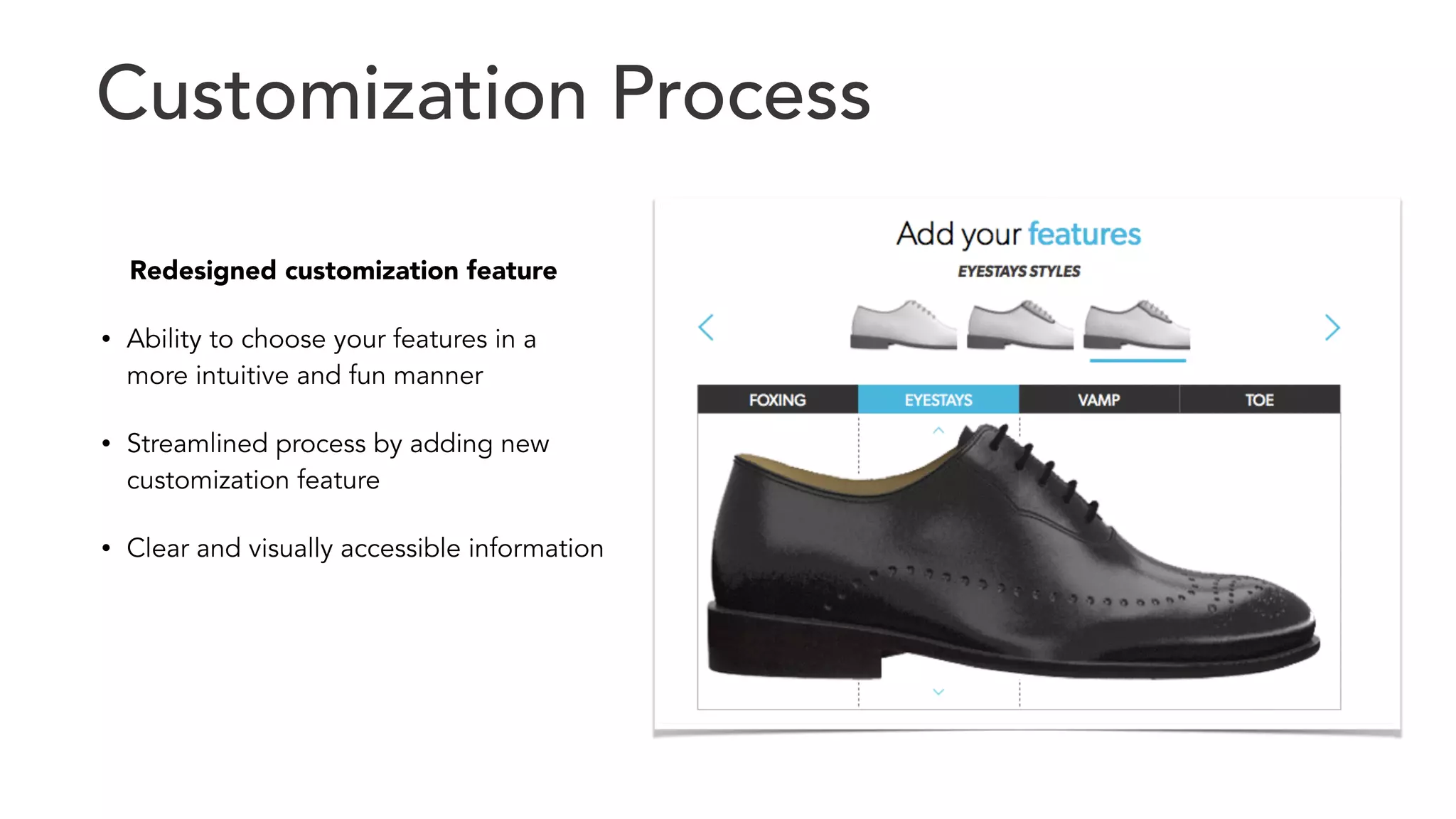 Customization Process 
Redesigned customization feature 
• Ability to choose your features in a 
more intuitive and fun manner 
• Streamlined process by adding new 
customization feature 
• Clear and visually accessible information 
 