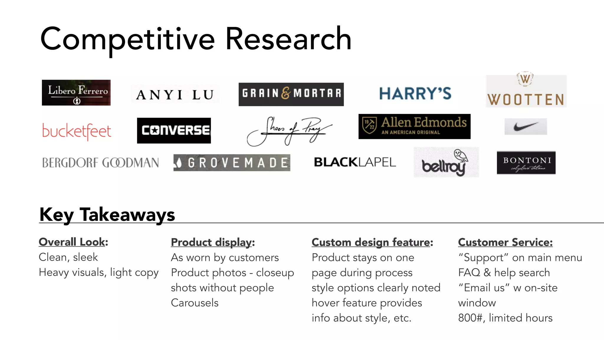 Competitive Research 
Key Takeaways 
Customer Service: 
“Support” on main menu 
FAQ & help search 
“Email us” w on-site 
window 
800#, limited hours 
Custom design feature: 
Product stays on one 
page during process 
style options clearly noted 
hover feature provides 
info about style, etc. 
Product display: 
As worn by customers 
Product photos - closeup 
shots without people 
Carousels 
Overall Look: 
Clean, sleek 
Heavy visuals, light copy 
 