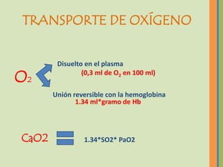 TRANSPORTE DE OXÍGENO


        Disuelto en el plasma

O2              (0,3 ml de O2 en 100 ml)

       Unión reversible con la hemoglobina
              1.34 ml*gramo de Hb




CaO2            1.34*SO2* PaO2
 
