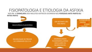 FISIOPATOLOGIA E ETIOLOGIA DA ASFIXIA
NOS RN A TERMO,90% DOS INSULTOS ASFÍXICOS OCORREM NOS PERÍODOS ANTE-PARTO OU
INTRA-PARTO
INCAPACIDADE DE PROVER
O2 E REMOVER CO2 E H+
INSUFICIÊNCIA PLACENTÁRIA
10% RESTANTE SÃO
PÓS-PARTO
ANORMALIDADES
PULMONARES,CARDIO
VASCULARES OU
NEUROLÓGICAS.
A proporção de
eventos pós-
partos é maior
nos PMT.
 