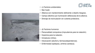 • c) Factores ambientales:
• Mar hostil.
• Alberca con mantenimiento deficiente o diseño riesgoso.
• Campo eléctrico por iluminación defectuosa de la alberca.
• Drenaje de recirculación sin cubierta protectora.
• d) Factores humanos:
• Personalidad compulsiva (imprudencia para la natación).
• Impericia para la natación.
• Inmadurez (niños).
• Intoxicación (alcohol y farmacodependencia).
• Enfermedad (epilepsia, arritmia cardiaca).
 