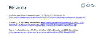 Bibliografía
» Medicina Legal. Eduardo Vargas Alvarado. 2da Edición. (1999) Obtenido de:
https://medicinalegalunah.files.wordpress.com/2015/05/medicina-legal-eduardo-vargas-alvarado.pdf
» Sánchez, J.A. ASFIXIAS. Obtenido de: https://www.ucm.es/data/cont/docs/107-2017-12-06-
Tema%204.%20Estudio%20m%C3%A9dico-forense%20de%20las%20asfixias.pdf
» Solano E. Asfixias Mecánicas. Med. leg. Costa Rica vol.25 n.2 Heredia Sep. 2008. Obtenido de:
https://www.scielo.sa.cr/scielo.php?script=sci_arttext&pid=S1409-00152008000200007
 