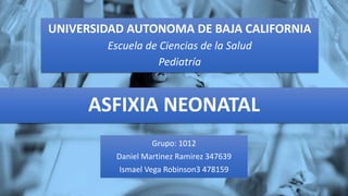ASFIXIA NEONATAL
Grupo: 1012
Daniel Martinez Ramirez 347639
Ismael Vega Robinson3 478159
UNIVERSIDAD AUTONOMA DE BAJA CALIFORNIA
Escuela de Ciencias de la Salud
Pediatría
 