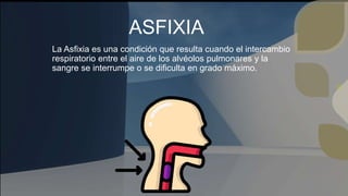ASFIXIA
La Asfixia es una condición que resulta cuando el intercambio
respiratorio entre el aire de los alvéolos pulmonares y la
sangre se interrumpe o se dificulta en grado máximo.
 
