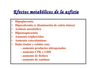 Efectos metabólicos de la asfixia Hipoglucemia Hipocalcemia (y disminución de calcio iónico) Acidosis metabólica Hipomagnesemia Aumento triglicéridos Aumento catecolaminas Daño tisular y celular con: - aumento productos nitrogenados - aumento CPK y LDH - aumento de fósforo - aumento de xantinas 