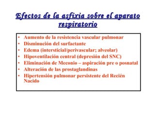 Efectos de la asfixia sobre el aparato respiratorio Aumento de la resistencia vascular pulmonar Disminución del surfactante Edema (intersticial/perivascular; alveolar) Hipoventilación central (depresión del SNC) Eliminación de Meconio – aspiración pre o posnatal Alteración de las prostaglandinas Hipertensión pulmonar persistente del Recién Nacido 