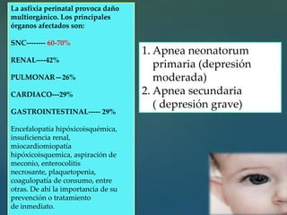 La asfixia perinatal provoca daño
multiorgánico. Los principales
órganos afectados son:
SNC-------- 60-70%
RENAL----42%
PULMONAR—26%
CARDIACO---29%
GASTROINTESTINAL----- 29%
Encefalopatía hipóxicoisquémica,
insuficiencia renal,
miocardiomiopatía
hipóxicoisquemica, aspiración de
meconio, enterocolitis
necrosante, plaquetopenia,
coagulopatía de consumo, entre
otras. De ahí la importancia de su
prevención o tratamiento
de inmediato.
1. Apnea neonatorum
primaria (depresión
moderada)
2. Apnea secundaria
( depresión grave)
 