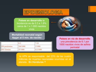 Países en desarrollo la
Incidencia es de 0.3 a 1.8%
cerca de 1 x 1.000 nacidos
vivos
Países en vía de desarrollo
una prevalencia de 6.1 por
1000 nacidos vivos de asfixia
perinatal
Mortalidad neonatal según
Apgar al 5 min. de nacido:
la APN es responsable del 23% de las cuatro
millones de muertes neonatales ocurridas en el
planeta. En Honduras ?
 