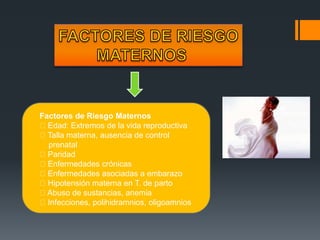 Factores de Riesgo Maternos
Edad: Extremos de la vida reproductiva
Talla materna, ausencia de control
prenatal
Paridad
Enfermedades crónicas
Enfermedades asociadas a embarazo
Hipotensión materna en T. de parto
Abuso de sustancias, anemia
Infecciones, polihidramnios, oligoamnios
 