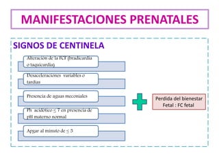 SIGNOS DE CENTINELA
MANIFESTACIONES PRENATALES
Alteración de la FCF (bradicardia
o taquicardia)
Desaceleraciones variables o
tardias
Presencia de aguas meconiales
Ph acidótico ≤ 7 en presencia de
pH materno normal
Apgar al minuto de ≤ 5
Perdida del bienestar
Fetal : FC fetal
 