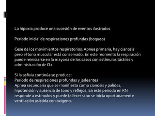 La hipoxia produce una sucesión de eventos ilustrados
Período inicial de respiraciones profundas (boqueo)
Cese de los movimientos respiratorios:Apnea primaria, hay cianosis
pero el tono muscular está conservado. En este momento la respiración
puede reiniciarse en la mayoría de los casos con estímulos táctiles y
administración de O2.
Si la asfixia continúa se produce:
Período de respiraciones profundas y jadeantes
Apnea secundaria que se manifiesta como cianosis y palidez,
hipotensión y ausencia de tono y reflejos. En este periodo en RN
responde a estímulos y puede fallecer si no se inicia oportunamente
ventilación asistida con oxigeno.
 