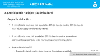 portaldeboaspraticas.iff.fiocruz.br
ASFIXIA PERINATAL
2. Encefalopatia Hipóxico-Isquêmica (EHI)
• A encefalopatia moderada está associada a 10% de risco de morte e 30% de risco de
lesão neurológica permanente importante.
• A encefalopatia grave está associada a 60% de risco de morte e a maioria dos
sobreviventes apresentarão lesão neurológica permanente importante
• E encefalopatia leve???
• População alvo de muito estudo e grande discussão na atualidade
Grupos de Maior Risco
Pin et al., 2009
 