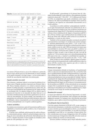 ASFIXIA PERINATAL


Tabla IIa. Estudios sobre asfixia perinatal realizados en España.                        El pH posnatal –generalmente en la primera hora de vida–
                                                                                     indica la intensidad del evento asfíctico, principalmente definido
                             Esqué       Esqué       Jiménez Jiménez                 a partir de valores pH <7,20 y EB < –10. A diferencia de Penrice
                             1982        1984-5      1983-6  1982-9
                             [30]        [31]        [32]    [33]                    et al [9], no compartimos que pueda considerarse como signo
                                                                                     aislado de AP, dada la posibilidad de resultados falsos positivos
Definición de asfixia        &           &           &          $                    y negativos, por aspectos no relacionados directamente con el
                                                                Leve      Grave      evento asfíctico.
                                                                                         La acidosis en cordón umbilical –principalmente el pHAU–
Alteraciones de la FCF       Sí          Sí          Sí         Sí        Sí
                                                                                     es un signo frecuentemente utilizado en la definición de AP, si
LA meconial                              Sí                                          bien en numerosos estudios se ha visto su falta de correlación con
                                                                                     la puntuación de Apgar [46,47]. Esta falta de correlación entre los
pH de cuero cabelludo        <7,20       <7,20       <7,20      <7,20     <7,20
                                                                                     criterios clínicos (puntuación de Apgar) y bioquímicos (pHAU)
pH arteria umbilical         <7,20       <7,20       <7,15      ≤7,15     <7,10      de la AP nos orientan a que la definición de esta entidad se esta-
                                                                                     blezca de forma más coherente sobre la base de un conjunto de
Apgar 1.er minuto                                                         ≤3
                                                                                     parámetros, y no por un sólo criterio.
Apgar 5.º minuto             ≤6          ≤6          ≤6                   ≤6             También se ha encontrado una pobre correlación del pHAU
                                                                                     con el pronóstico neurológico: la incidencia de acidosis intrapar-
Reanimación neonatal         Sí          Sí          Sí                   Sí
                                                                                     to –definida arbitrariamente como pHAU <7,20– es del 5-15%,
Signos de EHI                Sí          Sí                                          mientras que la incidencia de parálisis cerebral persiste relativa-
                 a                                                                   mente estable en uno de cada 2.000 nacimientos; de manera que
Enfermedad HI
                                                                                     la posibilidad de encontrar RN sanos con pHAU acidóticos se
N.º AP                       215         1977        235        305                  eleva. Esta pobre correlación entre el pHAU y el pronóstico neu-
                                                                                     rológico se debe, en parte, a que el punto de corte (cutt-off) de
AP/RN vivos                  1,46%       14,8%       3,36%      ?
                                                                                     acidosis en 7,20 se reconoce que es un valor arbitrariamente alto
EHI/AP                       43,7%        8,6%       39,6%      49,8%                [48]; para evitar esto, y mejorar la sensibilidad de la prueba, se
                                                                                     han utilizado también otros dos puntos de corte: <7,10 y <7,00.
Secuelas                     ?           ?           11,2%      ?
                                                                                         Sobre la base de estos resultados, algunos grupos recomien-
&: es suficiente con un signo para definir la AP; $: preciso todos los signos; AP:   dan la realización de gasometría de cordón umbilical en todos los
asfixia perinatal; EHI: encefalopatía hipoxicoisquémica; FCF: frecuencia cardíaca
fetal; HI: hipoxicoisquémica; LA: líquido amniótico; RN: recién nacido. a Se con-
                                                                                     partos [49,50], mientras otros sugieren que sólo se realice en
sidera fundamentalmente el fracaso en mantener la respiración espontánea.            determinados estudios [51,52].
                                                                                     Puntuación de Apgar
                                                                                     Aunque extensamente utilizado en la práctica, se ha polemizado
nos autores [39] preconizan su uso en los embarazos y partos de                      sobre su valor real en la determinación de la AP, y se ha observado
mayor riesgo, puesto que no se ha demostrado su mayor utilidad                       que es un débil predictor de daño cerebral postasfíctico y que puede
en los partos normales o de bajo riesgo, y se ha revalorizado el                     verse influido por otros factores no asfícticos; por ello, debe con-
método de auscultación tradicional con estetoscopio.                                 siderarse principalmente como un marcador de vitalidad. Además,
                                                                                     la puntuación de Apgar describe puntualmente un hecho, pero no
Líquido amniótico meconial                                                           refleja el tiempo de asfixia intraparto [53-55]. La relación de una
Para obstetras y pediatras todavía es un tema de polémica la re-                     baja puntuación del Apgar con AP es mayor si se encuentra asocia-
lación entre el líquido amniótico meconial con el distrés fetal o                    do con acidosis en el pHAU, si bien esta relación no se encuentra
AP. Parece bastante indicativo si se observa meconio intenso                         siempre [56]. La puntuación de Apgar al 5.º minuto es la que pre-
durante el trabajo del parto, en presentación de vértice [43], de                    senta mayor concordancia con la acidosis metabólica [57] y mejor
forma que la posibilidad de que la puntuación del Apgar sea baja                     correlación con el riesgo de secuelas neurológicas [58].
se incrementa [44]. En algunos trabajos [45] se observa que la
presencia de meconio es un marcador de estrés fetal per se, al                       Reanimación neonatal
encontrar simultáneamente incrementos significativos en los ni-                      La mayor gravedad de la AP se relaciona, lógicamente, con medi-
veles de catecolaminas. De forma aislada, este marcador no es                        das de reanimación más profundas, para conseguir una adecuada
patognómico de sufrimiento fetal, pero debe alertarnos sobre esta                    adaptación neonatal. En cualquier caso, sólo describe una actitud
posibilidad y valorar conjuntamente con otras pruebas de bienes-                     terapéutica, que se aplica a muy diversos problemas al nacimiento.
tar fetal, principalmente con el registro cardiotocográfico.
                                                                                     Encefalopatía hipoxicoisquémica
Acidosis metabólica                                                                  Conviene separar claramente la EHI de la AP, ya que, aunque se
Se estudia en tres momentos: antes del nacimientos (pH de cuero                      interconectan íntimamente, en absoluto son similares. La asfixia
cabelludo), al nacimiento (pH de cordón) y tras el nacimiento                        es causa, mientras que la encefalopatía es efecto, y no siempre la
(pH posnatal).                                                                       asfixia va a provocar lesión encefálica, ni en todas las lesiones
    El pH de cuero cabelludo, prácticamente ha caído en desuso.                      encuadrables como EHI se va a encontrar el factor asfixia. Por
Su conocimiento permite valorar la actitud tocúrgica ante el ha-                     ello, consideramos un error que el diagnóstico de la AP se defina
llazgo de otros marcadores de sufrimiento fetal (alteraciones de                     exclusivamente por el diagnóstico de la EHI, tal como ocurre en
la FCF o líquido meconial). Existe acuerdo en considerar como                        algunos trabajos de nuestra revisión [6,9,20].
punto de corte patológico un valor <7,20.                                                Diversos estudios concluyen que el mejor indicador pronós-


REV NEUROL 2002; 35 (7): 628-634                                                                                                                     631
 