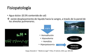 Fisiopatología
• Agua dulce: (0.5% contenido de sal)
 existe desplazamiento de líquido hacia la sangre, a través de la pared de
los alveolos pulmonares.
• Hemodilución
• Hipovolemia
• Hemólisis
• Hiperpotasemia
origina
Causa
Taquicardia
Fibrilación
ventricular
Vargas Alvarado E. “ Medicina Legal”. Trillas, 5ª edición; 2014, pp: 189-209.
 