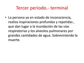 Tercer periodo.- terminal
• La persona ya en estado de inconsciencia,
realiza inspiraciones profundas y repetidas ,
que dan lugar a la inundación de las vías
respiratorias y los alveolos pulmonares por
grandes cantidades de agua. Sobreviniendo la
muerte.
 