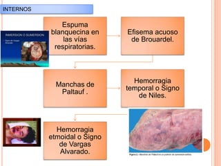 Espuma
blanquecina en
las vías
respiratorias.
Efisema acuoso
de Brouardel.
Manchas de
Paltauf .
Hemorragia
temporal o Signo
de Niles.
Hemorragia
etmoidal o Signo
de Vargas
Alvarado.
INTERNOS
 