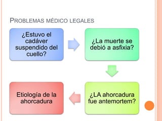 PROBLEMAS MÉDICO LEGALES
¿Estuvo el
cadáver
suspendido del
cuello?
¿La muerte se
debió a asfixia?
¿LA ahorcadura
fue antemortem?
Etiología de la
ahorcadura
 