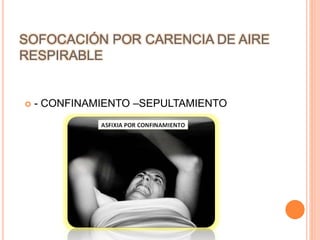 SOFOCACIÓN POR CARENCIA DE AIRE
RESPIRABLE
 - CONFINAMIENTO –SEPULTAMIENTO
 