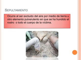SEPULTAMIENTO
 Ocurre al ser excluido del aire por medio de tierra u
otro elemento pulverulento en que se ha hundido el
rostro o todo el cuerpo de la víctima.
 