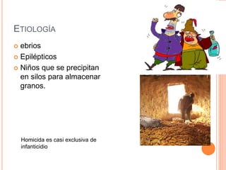 ETIOLOGÍA
 ebrios
 Epilépticos
 Niños que se precipitan
en silos para almacenar
granos.
Homicida es casi exclusiva de
infanticidio
 
