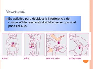 MECANISMO
 Es asfíctico puro debido a la interferencia del
cuerpo sólido finamente dividido que se opone al
paso del aire.
 