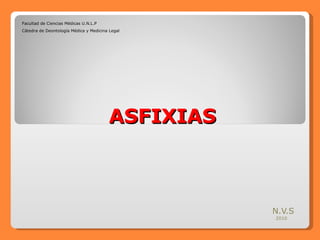 ASFIXIAS N.V.S 2010 Facultad de Ciencias Médicas U.N.L.P Cátedra de Deontología Médica y Medicina Legal 