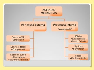 ASFIXIAS MECANICAS Por causa externa Por causa interna Sobre la VA Sofocación  Sobre el tórax Compresión Sobre el cuello Ahorcadura Estrangulamiento (VA ocupada) Sólidos Enterramiento Cuerpo Extraño Líquidos Sumersión Gases Confinamiento 