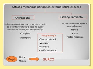 Asfixias mecánicas por acción externa sobre el cuello Ahorcadura Estrangulamiento La fuerza constrictora que comprime el cuello es ejercida por el propio peso del sujeto mediante un lazo sujeto a un punto fijo. Completa Incompleta Dogal Típica Atípica SURCO La fuerza activa es ajena al peso del cuerpo. Manual A lazo Factor mecánico   Fisiopatología Obstrucción V.A Vascular Nervioso Lesión vertebral 