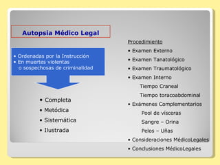 Autopsia Médico Legal Ordenadas por la Instrucción En muertes violentas  o sospechosas de criminalidad Completa Metódica Sistemática Ilustrada Procedimiento Examen Externo Examen Tanatológico Examen Traumatológico Examen Interno  Tiempo Craneal Tiempo toracoabdominal Exámenes Complementarios Pool de vísceras  Sangre – Orina Pelos – Uñas Consideraciones MédicoLegales Conclusiones MédicoLegales 