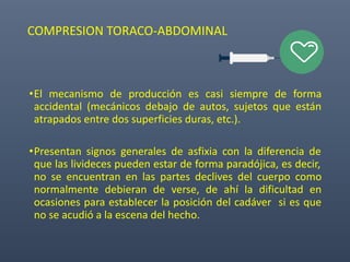 COMPRESION TORACO-ABDOMINAL
•El mecanismo de producción es casi siempre de forma
accidental (mecánicos debajo de autos, sujetos que están
atrapados entre dos superficies duras, etc.).
•Presentan signos generales de asfixia con la diferencia de
que las livideces pueden estar de forma paradójica, es decir,
no se encuentran en las partes declives del cuerpo como
normalmente debieran de verse, de ahí la dificultad en
ocasiones para establecer la posición del cadáver si es que
no se acudió a la escena del hecho.
 