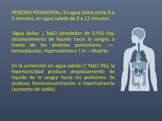 PERIODO POSMORTAL: En agua dulce entre 4 a
5 minutos, en agua salada de 8 a 12 minutos.
Agua dulce: ↓ NaCl (alrededor de 0.5%) hay
desplazamiento de líquido hacia la sangre, a
través de los alvéolos pulmonares, →
hemodilución, hipervolemia e ↑ K→ Muerte
En la sumersión en agua salada (↑ NaCl 3%), la
hipertonicidad produce desplazamiento de
líquido de la sangre hacia los pulmones. Se
produce hemoconcentración e hipernatremia
(aumento de sodio).
 