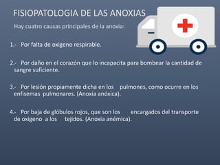 FISIOPATOLOGIA DE LAS ANOXIAS
Hay cuatro causas principales de la anoxia:
1.- Por falta de oxigeno respirable.
2.- Por daño en el corazón que lo incapacita para bombear la cantidad de
sangre suficiente.
3.- Por lesión propiamente dicha en los pulmones, como ocurre en los
enfisemas pulmonares. (Anoxia anóxica).
4.- Por baja de glóbulos rojos, que son los encargados del transporte
de oxigeno a los tejidos. (Anoxia anémica).
 