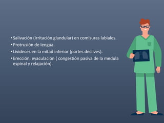 •Salivación (irritación glandular) en comisuras labiales.
•Protrusión de lengua.
•Livideces en la mitad inferior (partes declives).
•Erección, eyaculación ( congestión pasiva de la medula
espinal y relajación).
 
