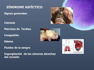 SÍNDROME ASFÍCTICO
Signos generales:
Cianosis
Manchas de Tardieu
Congestión
Edema
Fluidez de la sangre
Ingurgitación de las cámaras derechas
del corazón
 