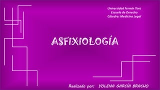 ASFIXIOLOGÍA
Realizado por: YOLENA GARCÍA BRACHO
Universidad Fermín Toro
Escuela de Derecho
Cátedra: Medicina Legal
 