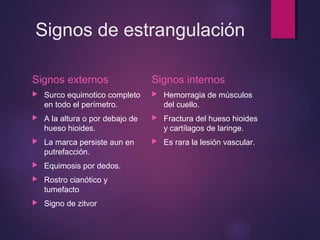 Signos de estrangulación 
Signos externos 
 Surco equimotico completo 
en todo el perímetro. 
 A la altura o por debajo de 
hueso hioides. 
 La marca persiste aun en 
putrefacción. 
 Equimosis por dedos. 
 Rostro cianótico y 
tumefacto 
 Signo de zitvor 
Signos internos 
 Hemorragia de músculos 
del cuello. 
 Fractura del hueso hioides 
y cartílagos de laringe. 
 Es rara la lesión vascular. 
 