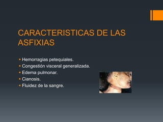 CARACTERISTICAS DE LAS
ASFIXIAS
 Hemorragias petequiales.
 Congestión visceral generalizada.
 Edema pulmonar.
 Cianosis.
 Fluidez de la sangre.
 