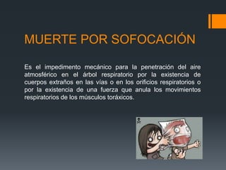MUERTE POR SOFOCACIÓN
Es el impedimento mecánico para la penetración del aire
atmosférico en el árbol respiratorio por la existencia de
cuerpos extraños en las vías o en los orificios respiratorios o
por la existencia de una fuerza que anula los movimientos
respiratorios de los músculos toráxicos.
 