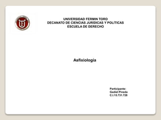 UNIVERSIDAD FERMIN TORO
DECANATO DE CIENCIAS JURÍDICAS Y POLÍTICAS
ESCUELA DE DERECHO
Asfixiología
Participante:
Gadiel Pineda
C.I.15.731.728
 