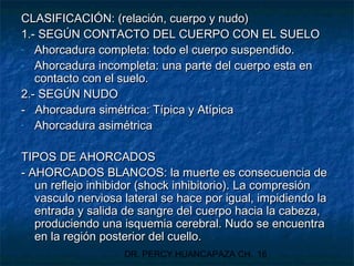 DR. PERCY HUANCAPAZA CH. 16
CLASIFICACIÓN: (relación, cuerpo y nudo)CLASIFICACIÓN: (relación, cuerpo y nudo)
1.- SEGÚN CONTACTO DEL CUERPO CON EL SUELO1.- SEGÚN CONTACTO DEL CUERPO CON EL SUELO
- Ahorcadura completa: todo el cuerpo suspendido.Ahorcadura completa: todo el cuerpo suspendido.
- Ahorcadura incompleta: una parte del cuerpo esta enAhorcadura incompleta: una parte del cuerpo esta en
contacto con el suelo.contacto con el suelo.
2.- SEGÚN NUDO2.- SEGÚN NUDO
- Ahorcadura simétrica: Típica y Atípica- Ahorcadura simétrica: Típica y Atípica
- Ahorcadura asimétricaAhorcadura asimétrica
TIPOS DE AHORCADOSTIPOS DE AHORCADOS
- AHORCADOS BLANCOS: la muerte es consecuencia de- AHORCADOS BLANCOS: la muerte es consecuencia de
un reflejo inhibidor (shock inhibitorio). La compresiónun reflejo inhibidor (shock inhibitorio). La compresión
vasculo nerviosa lateral se hace por igual, impidiendo lavasculo nerviosa lateral se hace por igual, impidiendo la
entrada y salida de sangre del cuerpo hacia la cabeza,entrada y salida de sangre del cuerpo hacia la cabeza,
produciendo una isquemia cerebral. Nudo se encuentraproduciendo una isquemia cerebral. Nudo se encuentra
en la región posterior del cuello.en la región posterior del cuello.
 