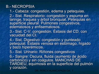 DR. PERCY HUANCAPAZA CH. 7
B.- NECROPSIAB.- NECROPSIA
1.- Cabeza: congestión, edema y petequias.1.- Cabeza: congestión, edema y petequias.
2.- Sist. Respiratorio: congestión y espuma en2.- Sist. Respiratorio: congestión y espuma en
laringe, traquea y árbol bronquial. Petequias enlaringe, traquea y árbol bronquial. Petequias en
superficie pleural. Pulmones congestivos,superficie pleural. Pulmones congestivos,
edematosos y enfisematosos.edematosos y enfisematosos.
3.- Sist. C-V: congestión. Éstasis del CD, con3.- Sist. C-V: congestión. Éstasis del CD, con
vacuidad del CI.vacuidad del CI.
4.- Sist. Digestivo: congestión y punteado4.- Sist. Digestivo: congestión y punteado
petequial. Éstasis venosa en estómago, hígadopetequial. Éstasis venosa en estómago, hígado
y bazo hiperémicos.y bazo hiperémicos.
5.- Sist. Urinario: Riñones congestivos5.- Sist. Urinario: Riñones congestivos
6.- Sangre: Oscura, fluida (aumento de ácido6.- Sangre: Oscura, fluida (aumento de ácido
carbónico) y sin coágulos. MANCHAS DEcarbónico) y sin coágulos. MANCHAS DE
TARDIEU, equimosis en la superficie del pulmónTARDIEU, equimosis en la superficie del pulmón
y corazón.y corazón.
 