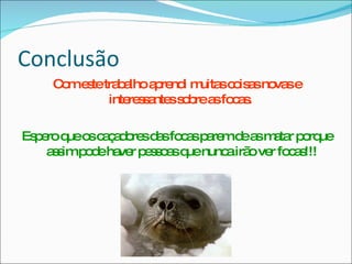 Conclusão Com este trabalho aprendi muitas coisas novas e interessantes sobre as focas.  Espero que os caçadores das focas parem de as matar porque assim pode haver pessoas que nunca irão ver focas!!! 