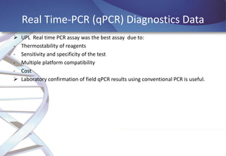Real Time-PCR (qPCR) Diagnostics Data



UPL Real time PCR assay was the best assay due to:
Thermostability of reagents
Sensitivity and specificity of the test
Multiple platform compatibility
Cost
Laboratory confirmation of field qPCR results using conventional PCR is useful.

 