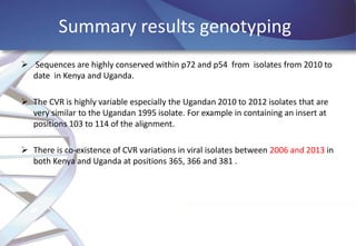 Summary results genotyping
 Sequences are highly conserved within p72 and p54 from isolates from 2010 to
date in Kenya and Uganda.
 The CVR is highly variable especially the Ugandan 2010 to 2012 isolates that are
very similar to the Ugandan 1995 isolate. For example in containing an insert at
positions 103 to 114 of the alignment.
 There is co-existence of CVR variations in viral isolates between 2006 and 2013 in
both Kenya and Uganda at positions 365, 366 and 381 .

 