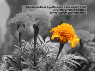 Cada dia emitimos sugestões para o bem ou para o mal. Dirigentes arrastam dirigidos. Servos inspiram administradores. 