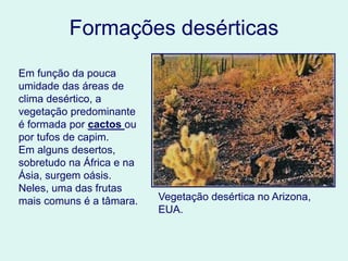 Formações desérticas
Em função da pouca
umidade das áreas de
clima desértico, a
vegetação predominante
é formada por cactos ou
por tufos de capim.
Em alguns desertos,
sobretudo na África e na
Ásia, surgem oásis.
Neles, uma das frutas
mais comuns é a tâmara. Vegetação desértica no Arizona,
EUA.
 